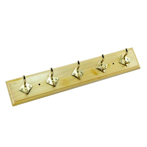 5 Brass Hooks on Natural Colour Wood 